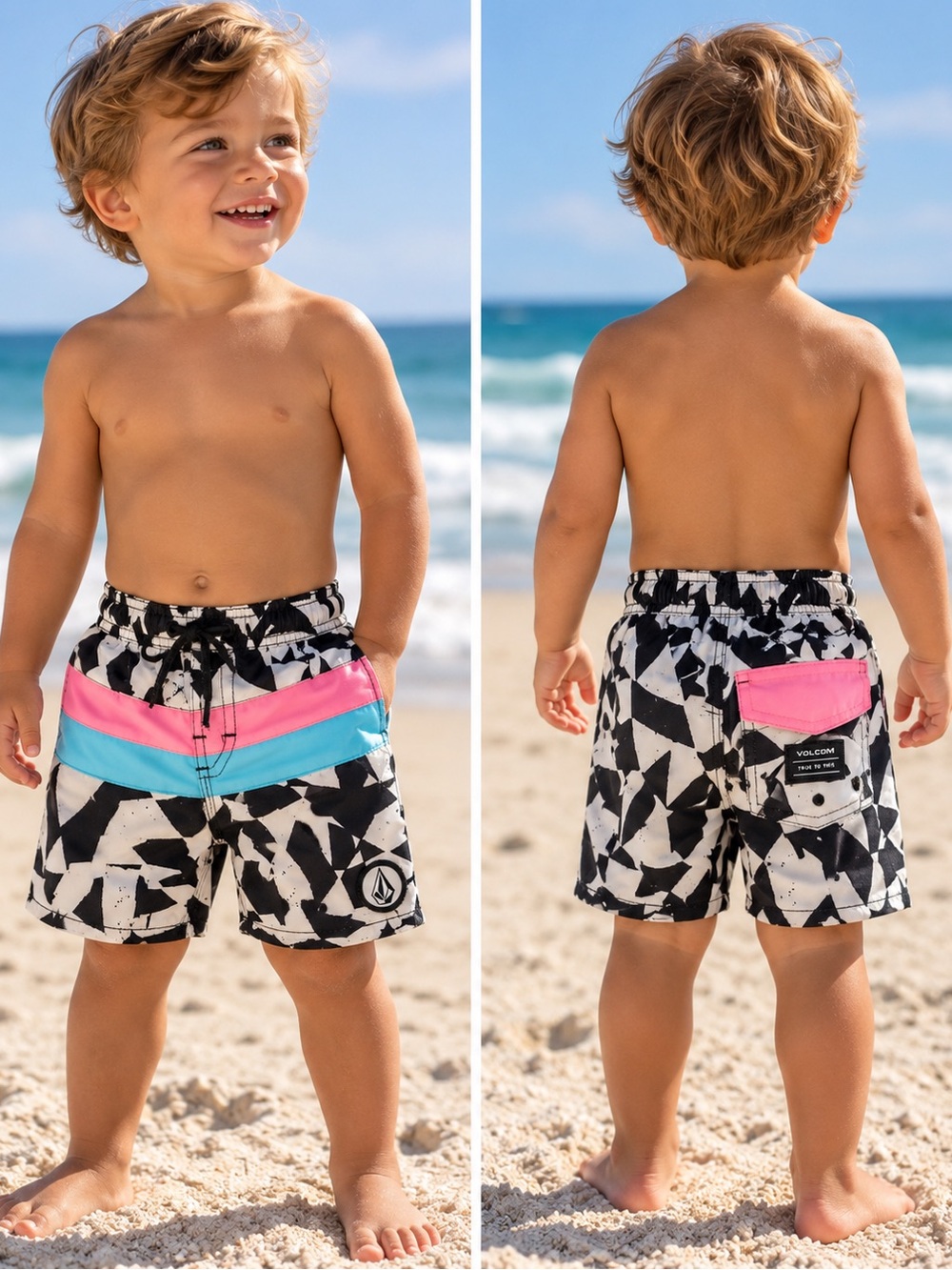Volcom Boys 2T Swim Trunks Black White Pink Blue Geometric